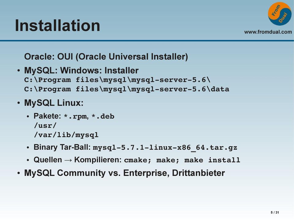 6\data MySQL Linux: Pakete: *.rpm, *.deb /usr/ /var/lib/mysql Binary Tar-Ball: mysql 5.7.