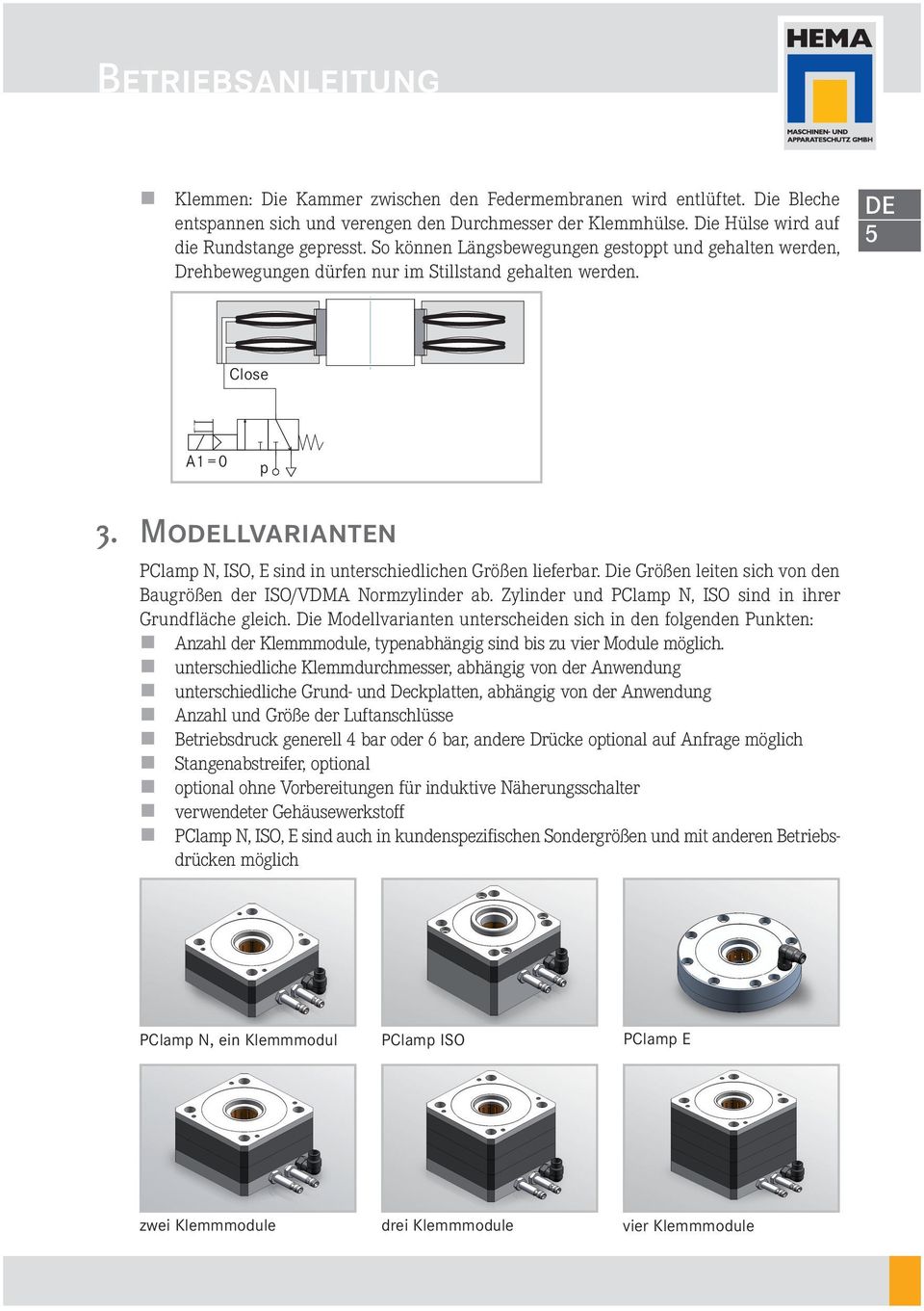 Modellvarianten PClamp N, ISO, E sind in unterschiedlichen Größen lieferbar. Die Größen leiten sich von den Baugrößen der ISO/VDM Normzylinder ab.