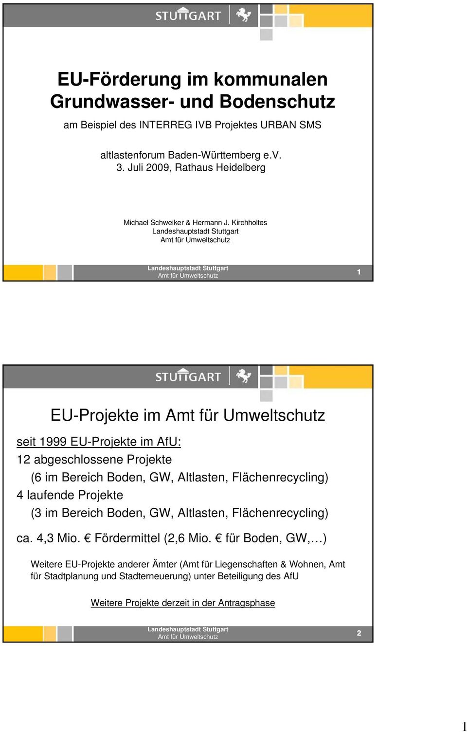 Kirchholtes 1 EU-Projekte im seit 1999 EU-Projekte im AfU: 12 abgeschlossene Projekte (6 im Bereich Boden, GW, Altlasten, Flächenrecycling) 4 laufende Projekte (3