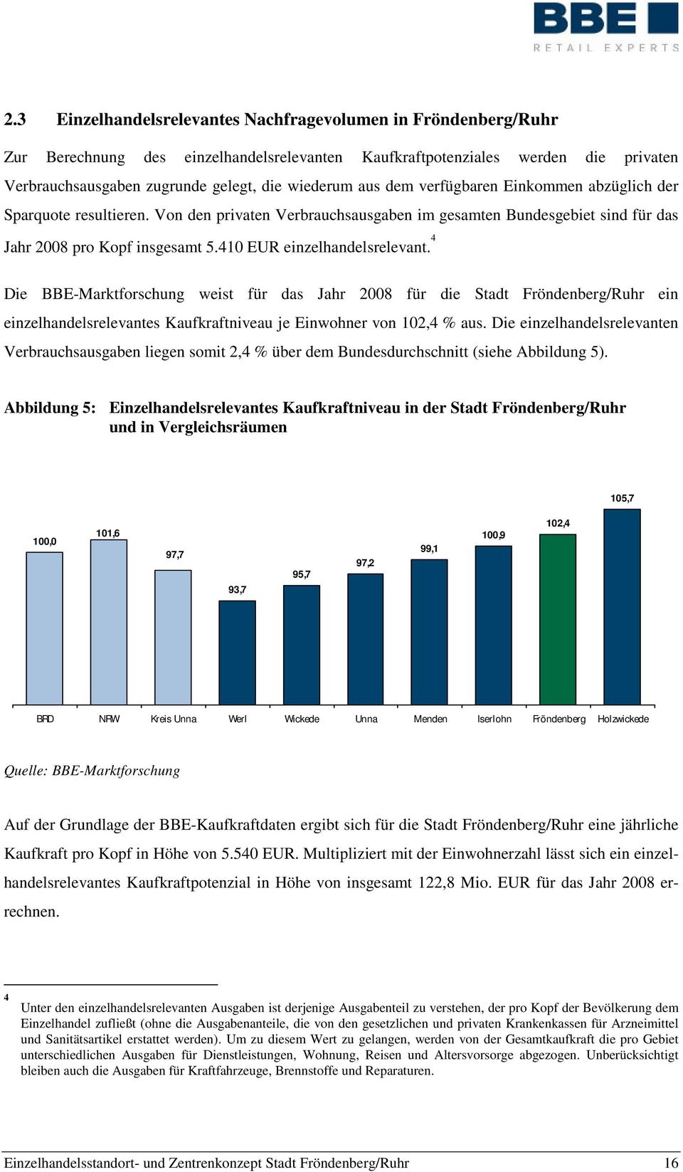 410 EUR einzelhandelsrelevant. 4 Die BBE-Marktforschung weist für das Jahr 2008 für die Stadt Fröndenberg/Ruhr ein einzelhandelsrelevantes Kaufkraftniveau je Einwohner von 102,4 % aus.