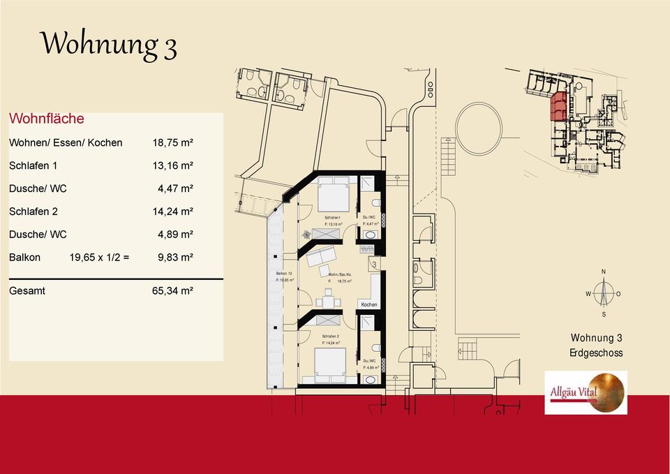 Balkon 19,65 x 1/2 = 9,83 m² Gesamt 65,34 m² Balkon 12 F: 19,65 m 2 Wohn./Ess./Ko.