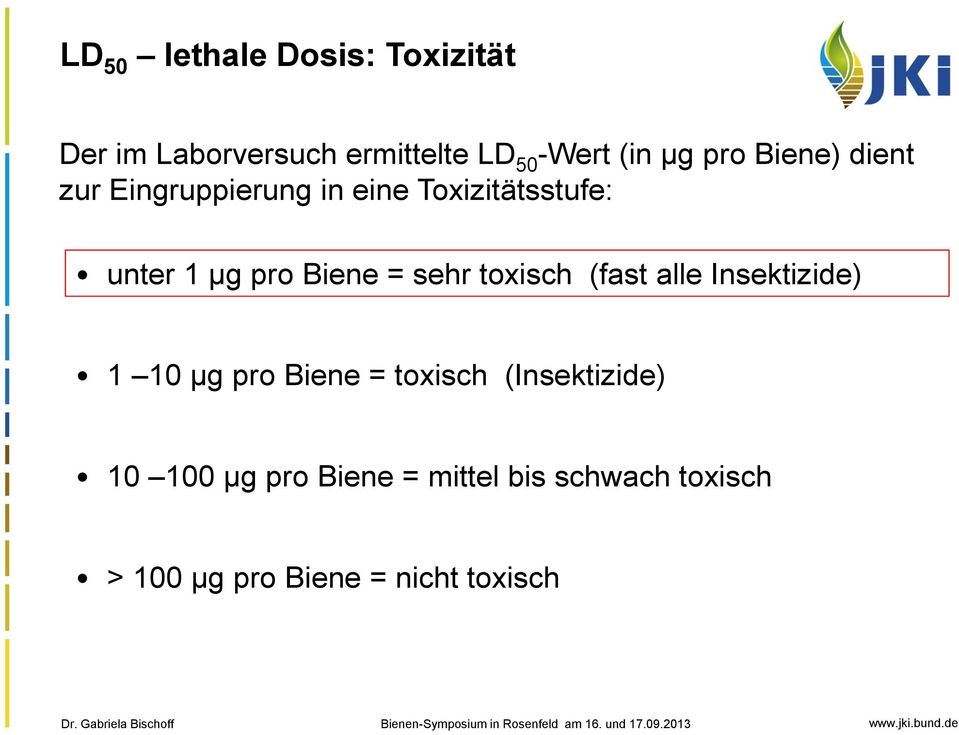 = sehr toxisch (fast alle Insektizide) 1 10 μg pro Biene = toxisch (Insektizide)