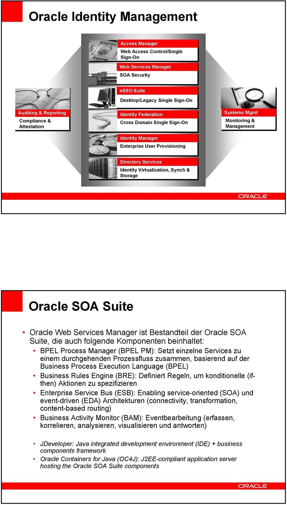 Oracle s Manager ist Bestandteil der Oracle SOA Suite, die auch folgende Komponenten beinhaltet: BPEL Process Manager (BPEL PM): Setzt einzelne Services zu einem durchgehenden Prozessfluss zusammen,