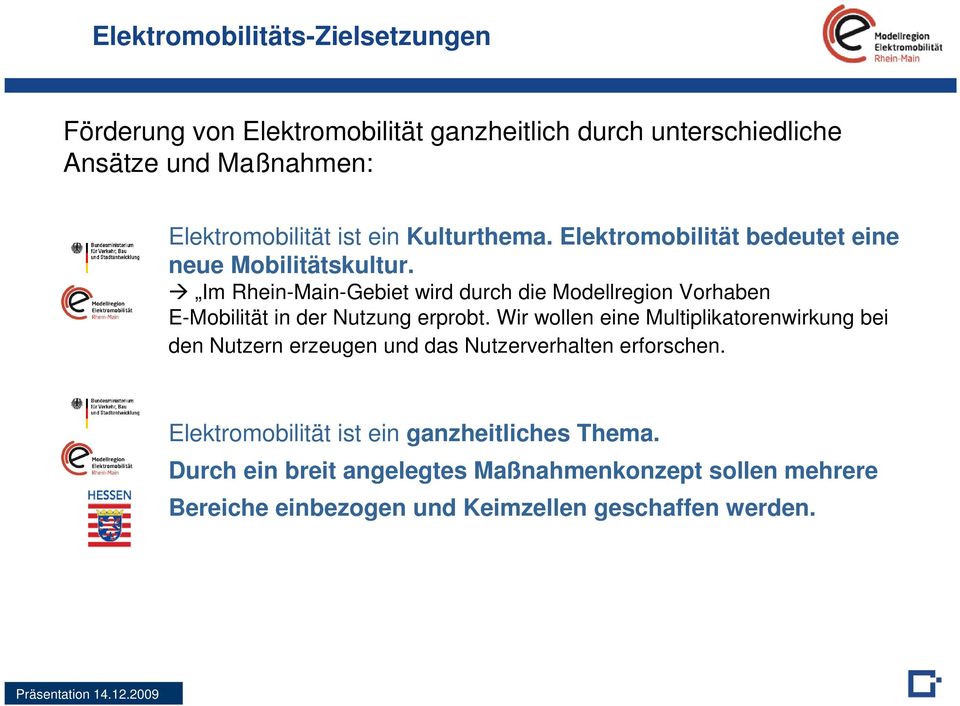 Im Rhein-Main-Gebiet wird durch die Modellregion Vorhaben E-Mobilität in der Nutzung erprobt.