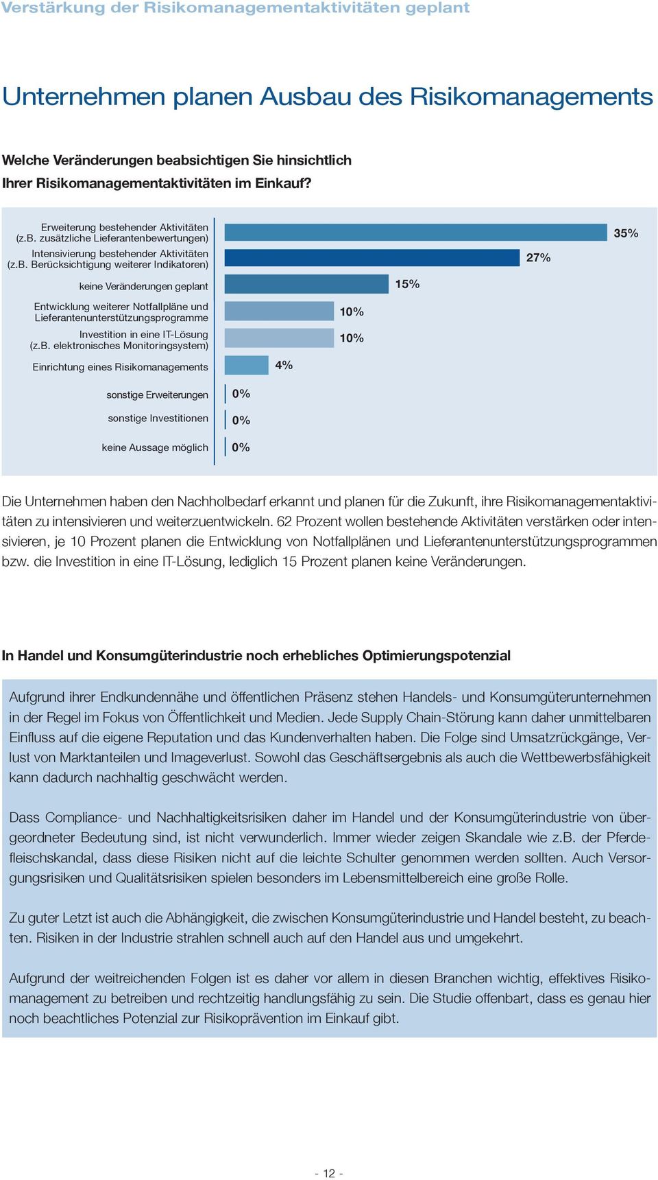 b. elektronisches Monitoringsystem) Einrichtung eines Risikomanagements 4% 1 1 sonstige Erweiterungen sonstige Investitionen keine Aussage möglich Die Unternehmen haben den Nachholbedarf erkannt und