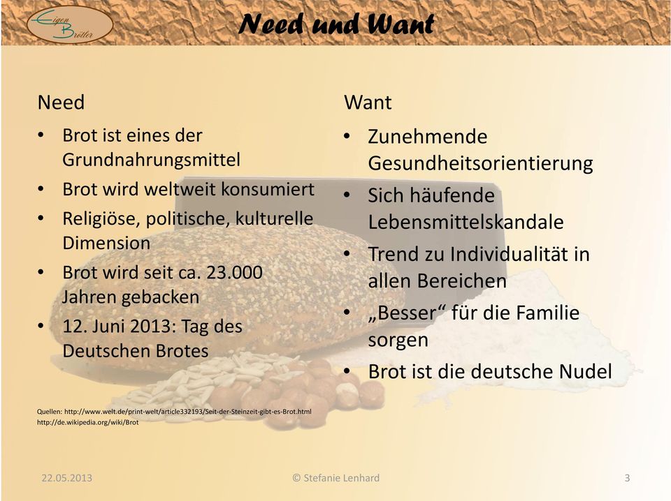Juni 2013: Tag des Deutschen Brotes Want Zunehmende Gesundheitsorientierung Sich häufende Lebensmittelskandale Trend zu Individualität