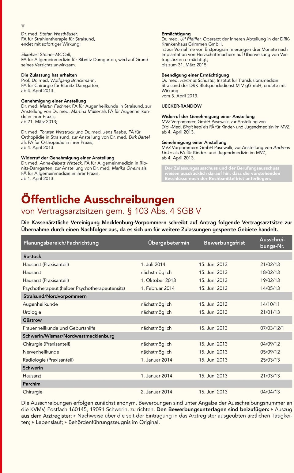 unwirksam. Die Zulassung hat erhalten Prof.  Wolfgang Brinckmann, FA für Chirurgie für Ribnitz-Damgarten, ab 4. April 2013.