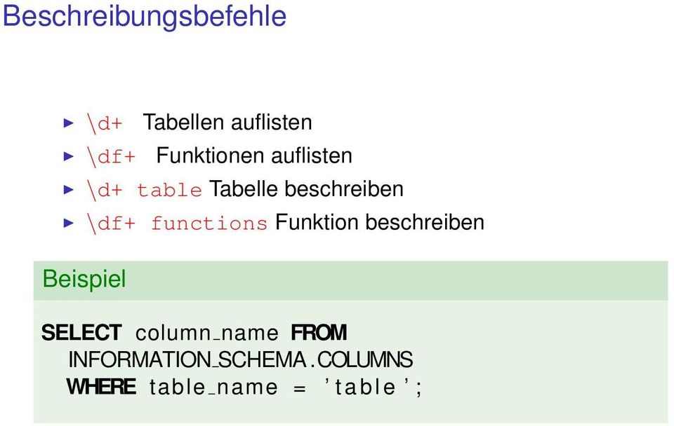 functions Funktion beschreiben Beispiel SELECT column