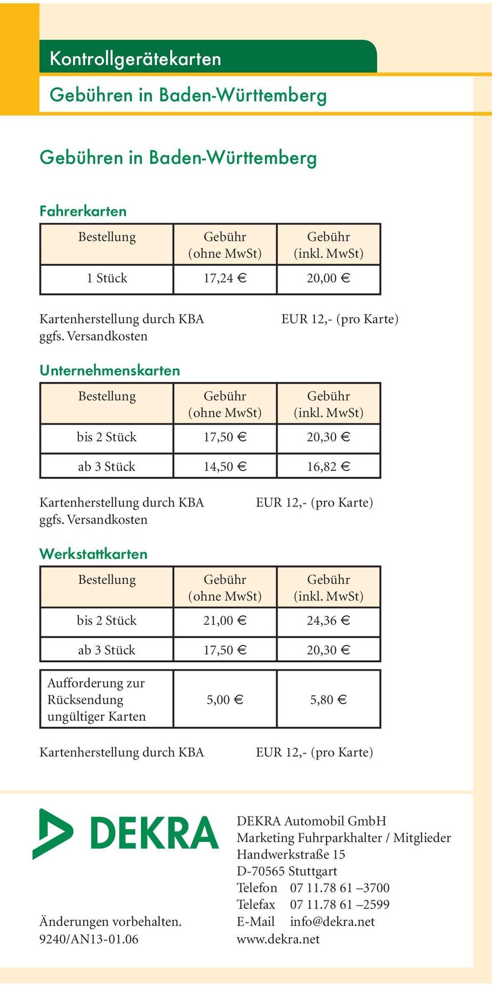 Versandkosten EUR 12,- (pro Karte) Werkstattkarten Bestellung (ohne MwSt) (inkl.