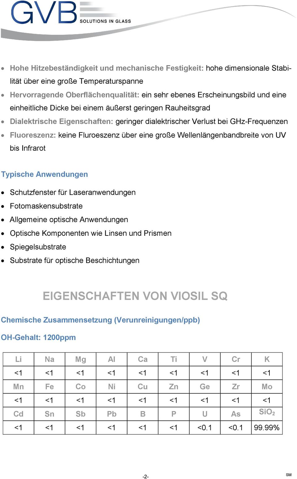 Wellenlängenbandbreite von UV bis Infrarot Typische Anwendungen Schutzfenster für Laseranwendungen Fotomaskensubstrate Allgemeine optische Anwendungen Optische Komponenten wie Linsen und Prismen