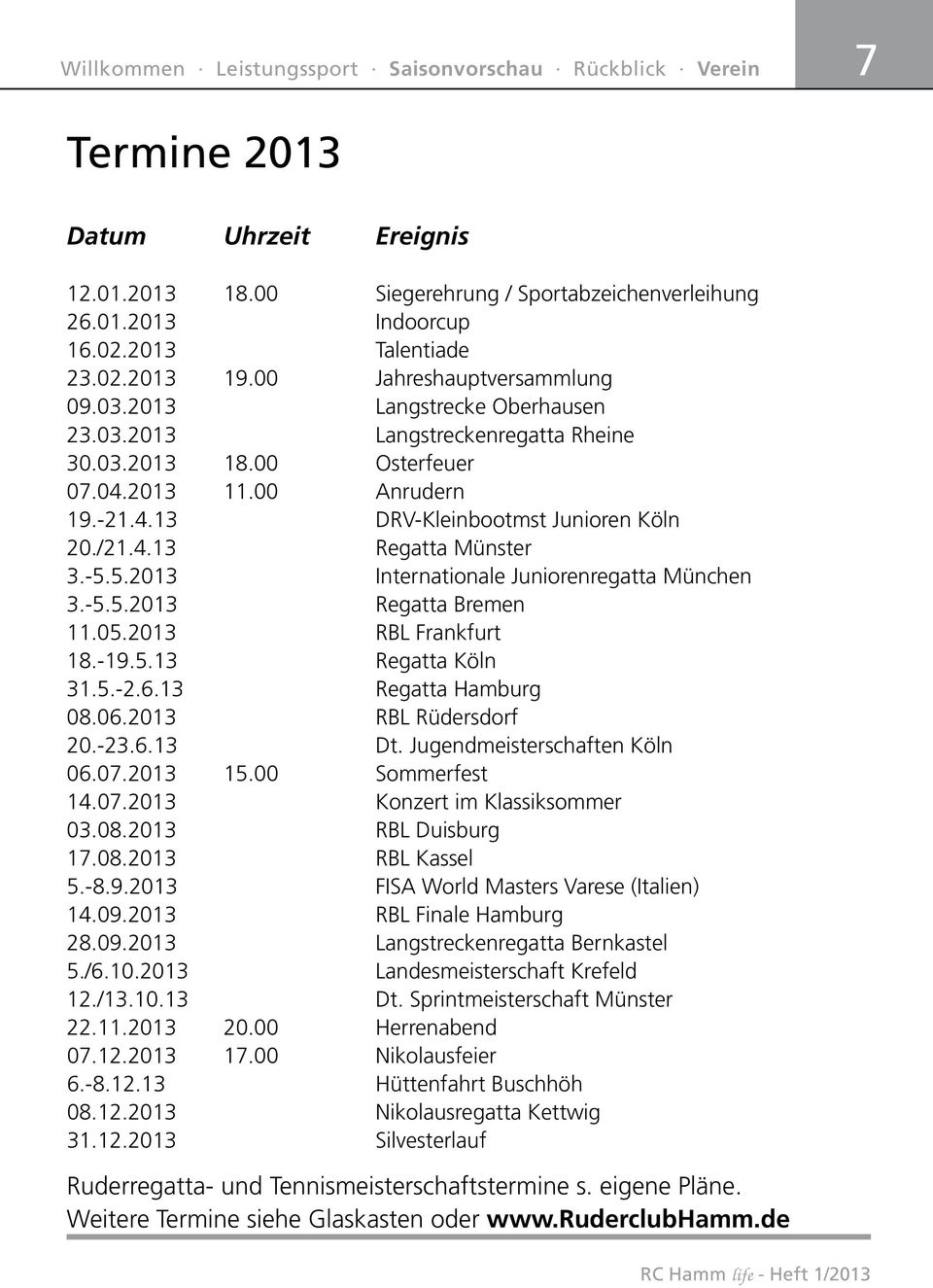 /21.4.13 Regatta Münster 3.-5.5.2013 Internationale Juniorenregatta München 3.-5.5.2013 Regatta Bremen 11.05.2013 RBL Frankfurt 18.-19.5.13 Regatta Köln 31.5.-2.6.13 Regatta Hamburg 08.06.