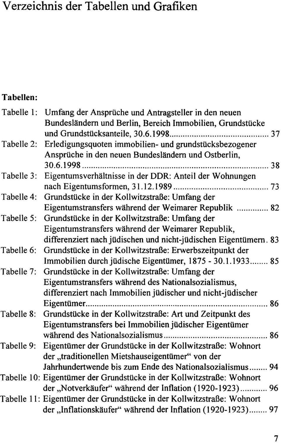 12.1989... 73 Tabelle 4: Grundstücke in der Kollwitzstraße: Umfang der Eigentumstransfers während der Weimarer Republik.