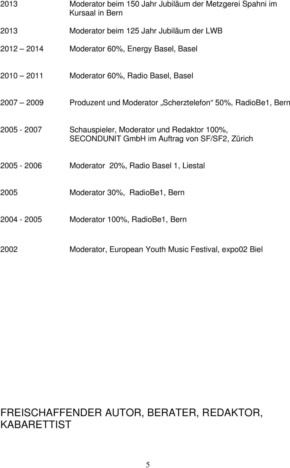 Schauspieler, Moderator und Redaktor 100%, SECONDUNIT GmbH im Auftrag von SF/SF2, Zürich 2005-2006 Moderator 20%, Radio Basel 1, Liestal 2005 Moderator