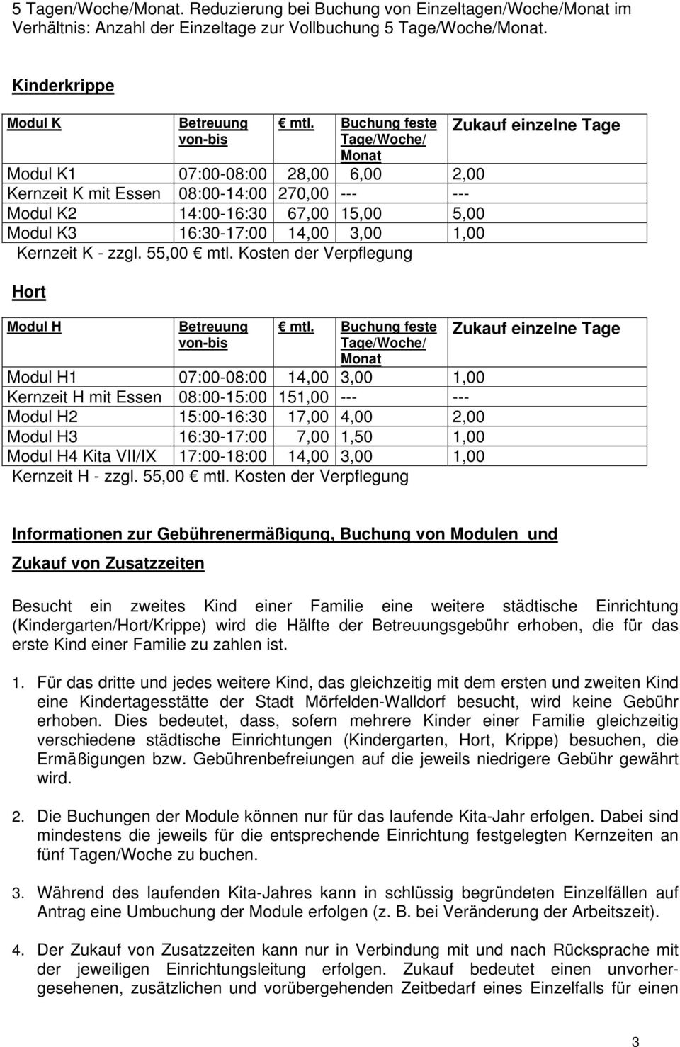 Kernzeit K - zzgl. 55,00 mtl. Kosten der Verpflegung Hort Modul H Betreuung von-bis mtl.