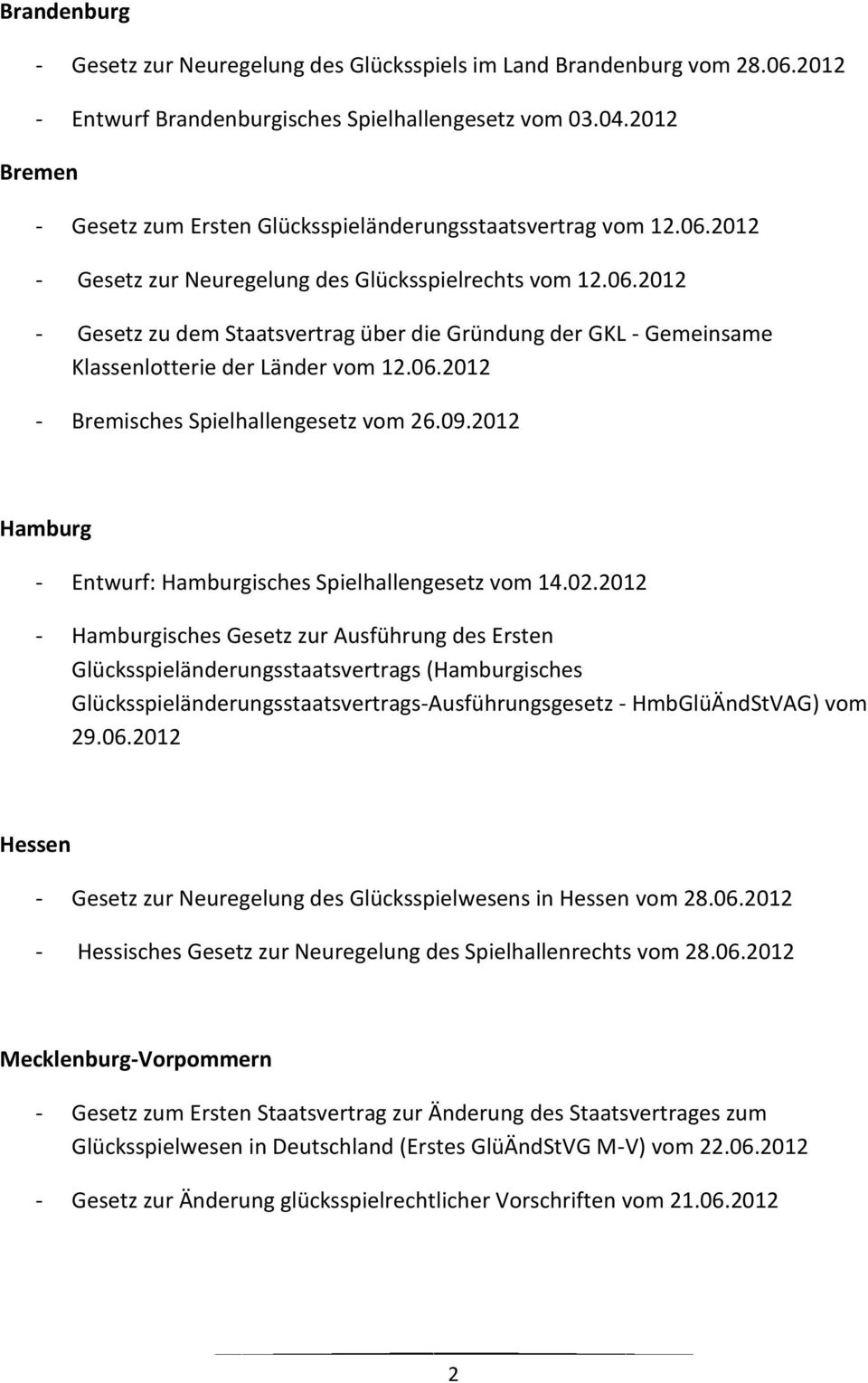 06.2012 - Bremisches Spielhallengesetz vom 26.09.2012 Hamburg - Entwurf: Hamburgisches Spielhallengesetz vom 14.02.