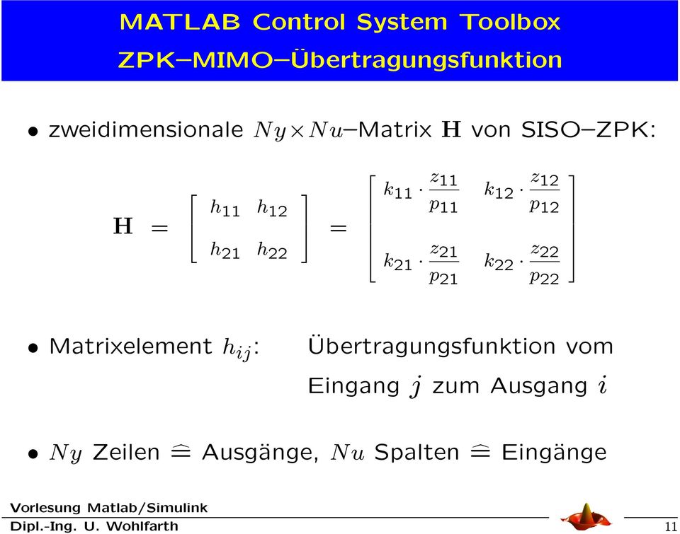 22 z22 p 22 Matrixelement h ij : Übertragungsfunktion vom Eingang j zum