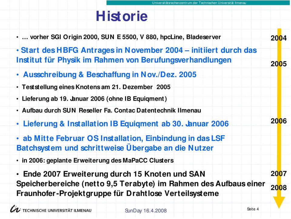 Januar 2006 (ohne IB Equiqment) Aufbau durch SUN Reseller Fa. Contac Datentechnik Ilmenau Lieferung & Installation IB Equiqment ab 30.