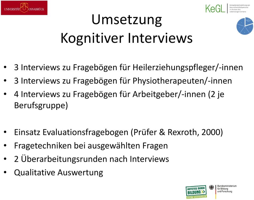 Arbeitgeber/-innen (2 je Berufsgruppe) Einsatz Evaluationsfragebogen (Prüfer & Rexroth, 2000)