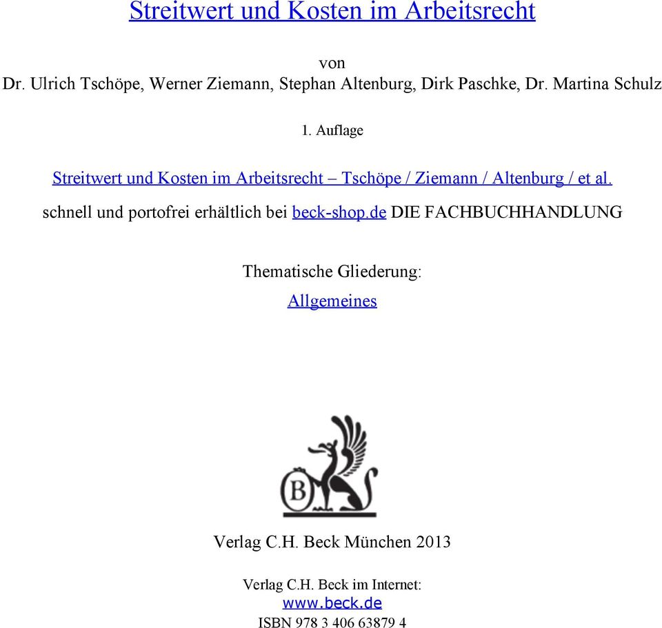 Auflage Streitwert und Kosten im Arbeitsrecht Tschöpe / Ziemann / Altenburg / et al.