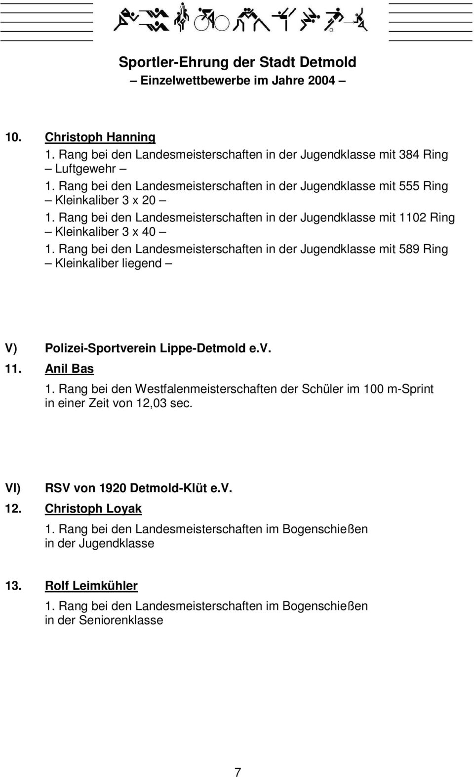 Rang bei den Landesmeisterschaften in der Jugendklasse mit 589 Ring Kleinkaliber liegend V) Polizei-Sportverein Lippe-Detmold e.v. 11. Anil Bas 1.