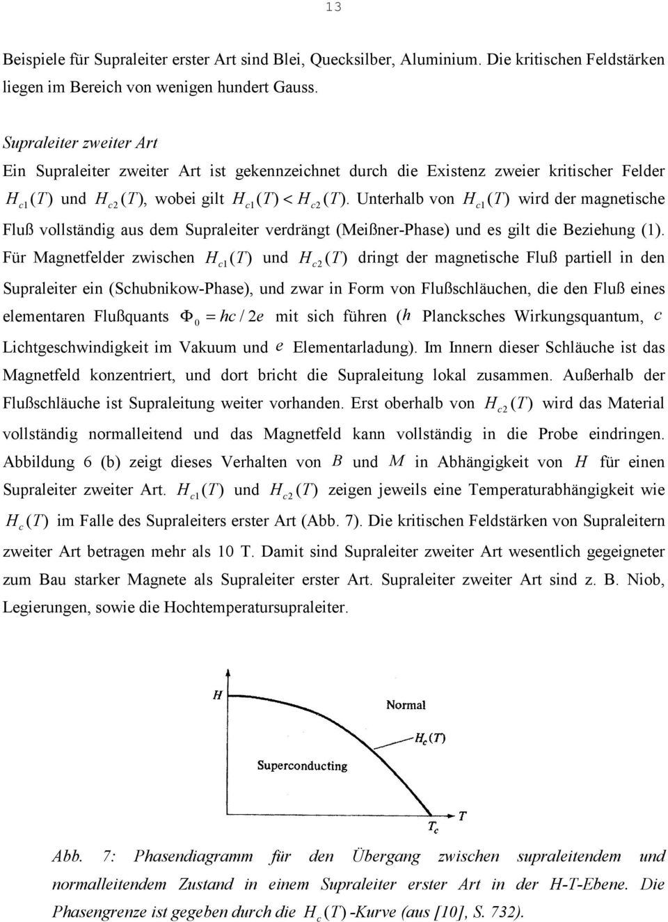 Unterhalb von Hc1 ( T) wird der magnetische Fluß vollständig aus dem Supraleiter verdrängt (Meißner-Phase) und es gilt die Beziehung (1).