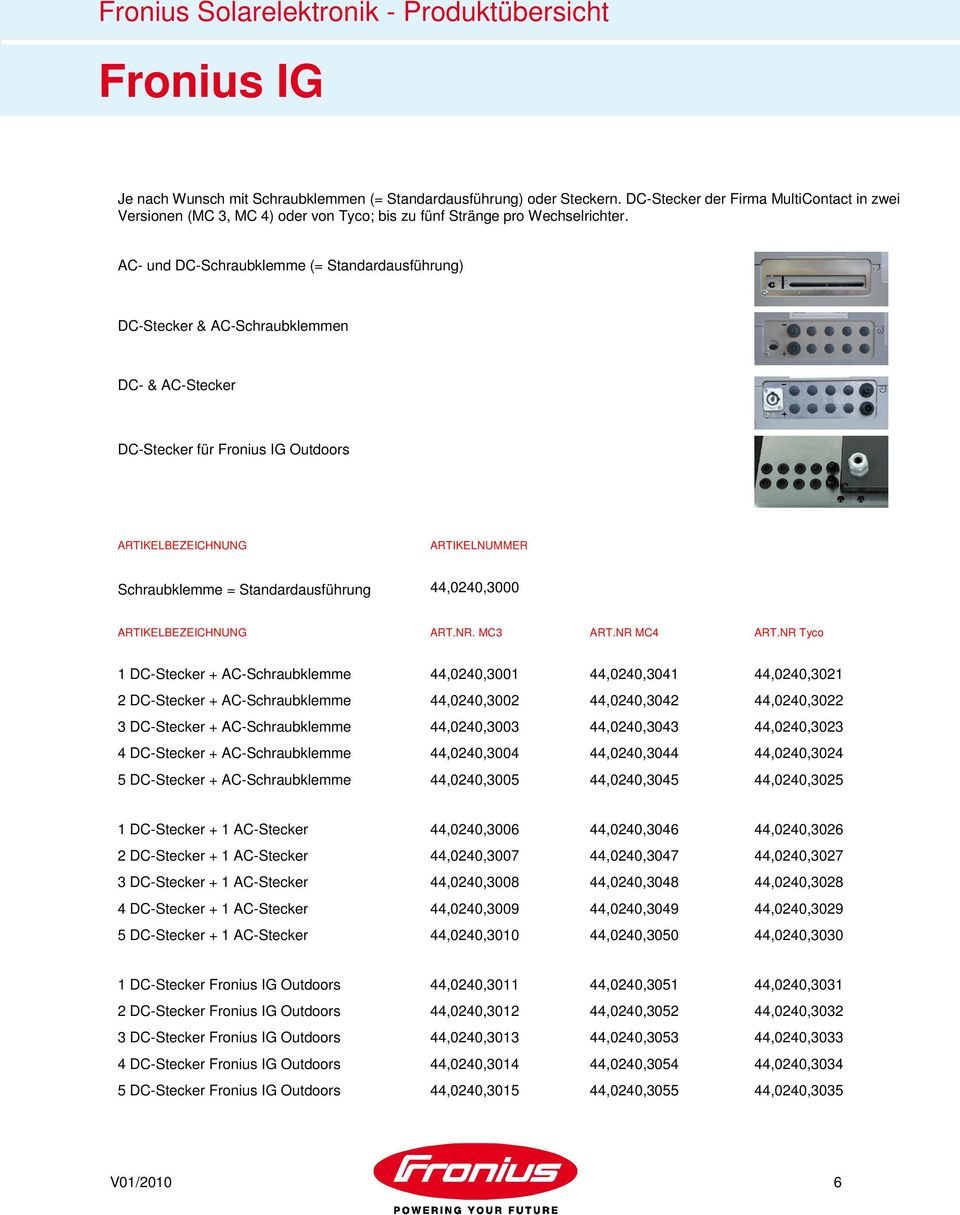 AC- und DC-Schraubklemme (= Standardausführung) DC-Stecker & AC-Schraubklemmen DC- & AC-Stecker DC-Stecker für Fronius IG Outdoors Schraubklemme = Standardausführung 44,0240,3000 ART.NR. MC3 ART.