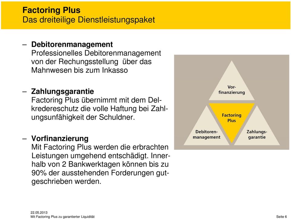 Zahlungsunfähigkeit der Schuldner. Vorfinanzierung i Mit Factoring Plus werden die erbrachten Leistungen umgehend entschädigt.