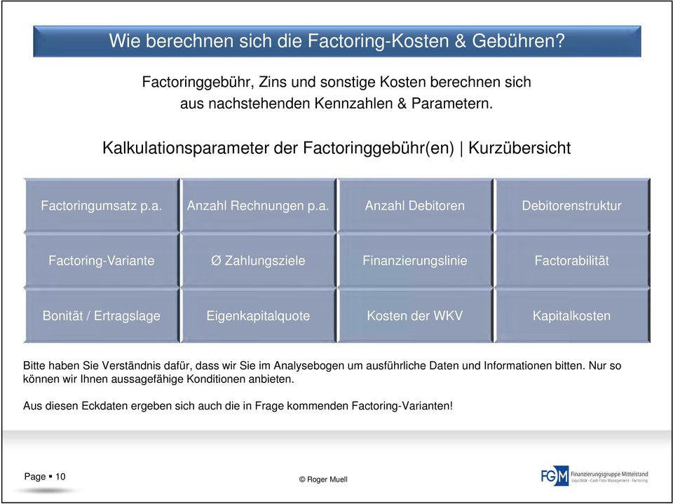 Zahlungsziele Finanzierungslinie Factorabilität Bonität / Ertragslage Eigenkapitalquote Kosten der WKV Kapitalkosten Bitte haben Sie Verständnis dafür, dass wir Sie im