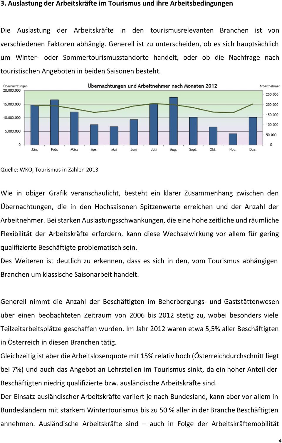 Quelle: WKO, Tourismus in Zahlen 2013 Wie in obiger Grafik veranschaulicht, besteht ein klarer Zusammenhang zwischen den Übernachtungen, die in den Hochsaisonen Spitzenwerte erreichen und der Anzahl
