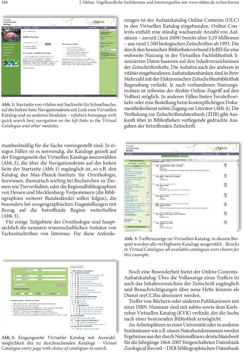 navigation on the left links to the Virtual Catalogue and other modules. rungen ist der Aufsatzkatalog Online Contents (OLC) in den Virtuellen Katalog eingebunden.