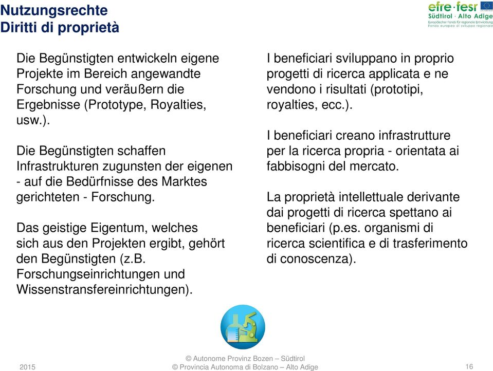 Das geistige Eigentum, welches sich aus den Projekten ergibt, gehört den Begünstigten (z.b. Forschungseinrichtungen und Wissenstransfereinrichtungen).