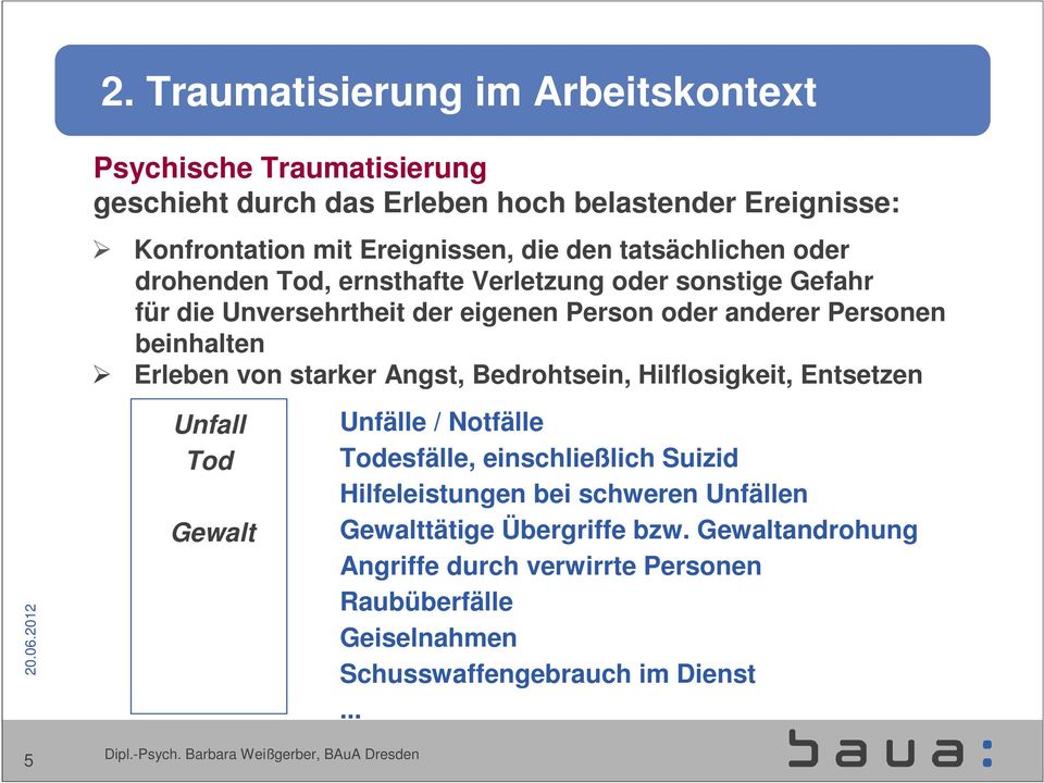 Erleben von starker Angst, Bedrohtsein, Hilflosigkeit, Entsetzen Unfall Tod Gewalt Unfälle / Notfälle Todesfälle, einschließlich Suizid Hilfeleistungen bei