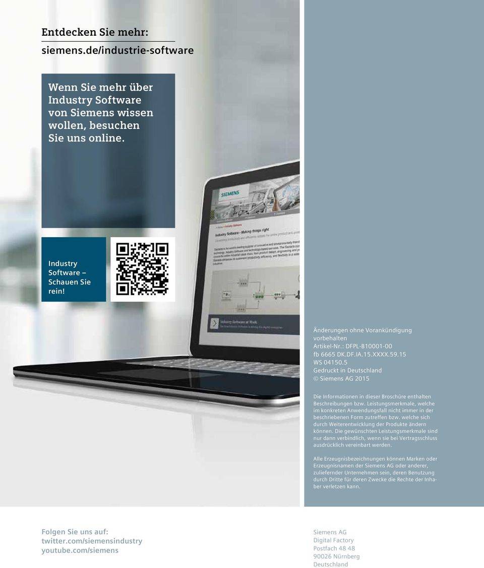 5 Gedruckt in Deutschland Siemens AG 2015 Die Informationen in dieser Broschüre enthalten Beschreibungen bzw.
