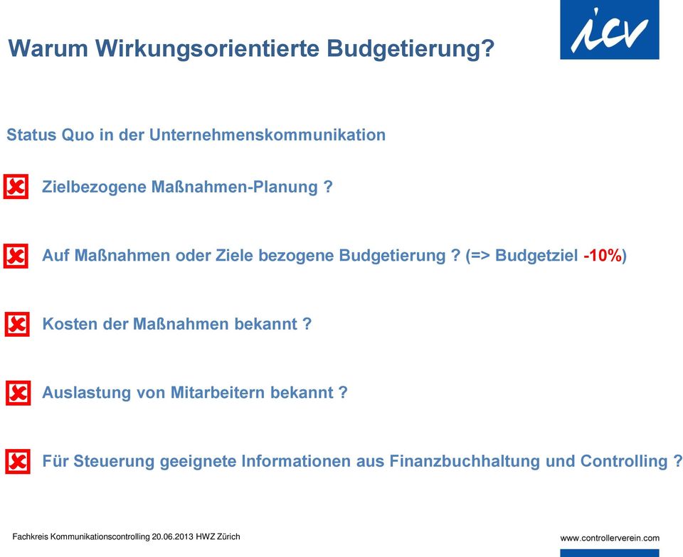 Auf Maßnahmen oder Ziele bezogene Budgetierung? (=> Budgetziel -10%) Kosten der Maßnahmen bekannt?
