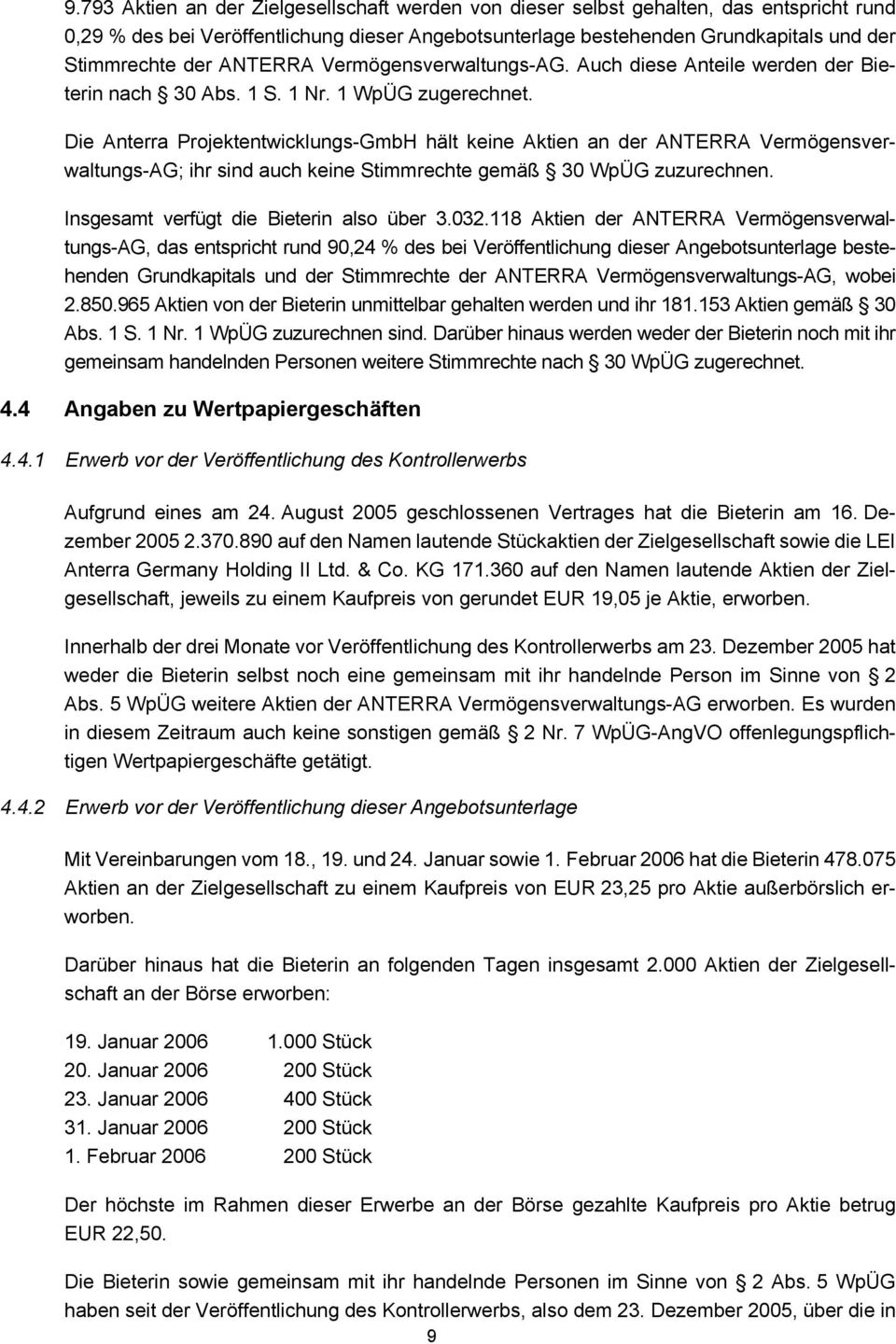 Die Anterra Projektentwicklungs-GmbH hält keine Aktien an der ANTERRA Vermögensverwaltungs-AG; ihr sind auch keine Stimmrechte gemäß 30 WpÜG zuzurechnen. Insgesamt verfügt die Bieterin also über 3.