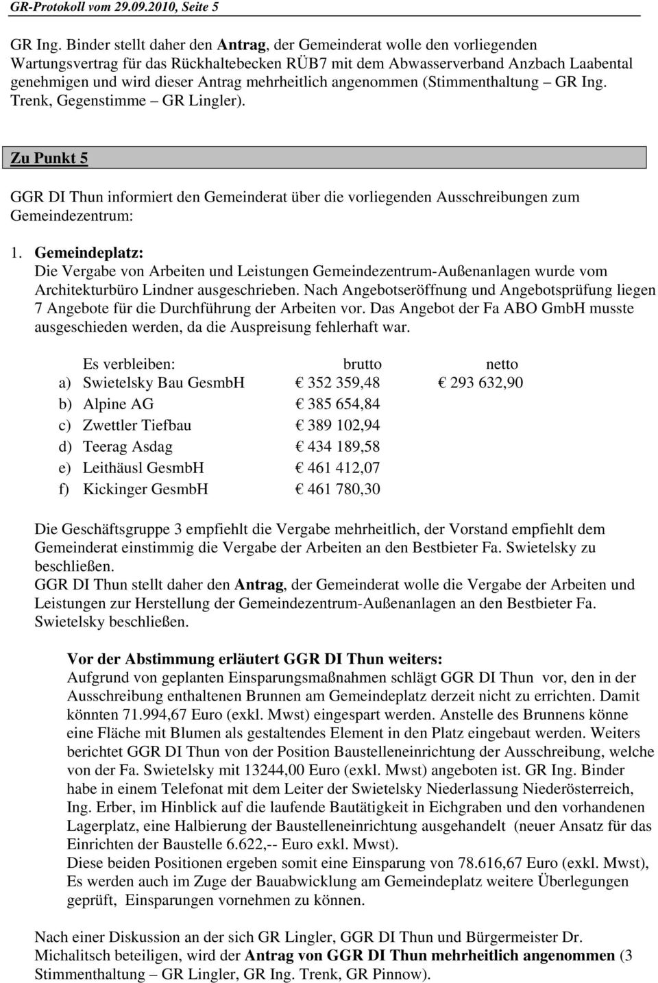 mehrheitlich angenommen (Stimmenthaltung GR Ing. Trenk, Gegenstimme GR Lingler). Zu Punkt 5 GGR DI Thun informiert den Gemeinderat über die vorliegenden Ausschreibungen zum Gemeindezentrum: 1.