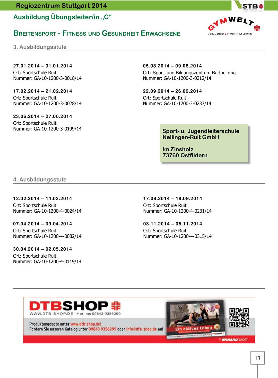 06.2014 27.06.2014 Sportschule Ruit Nummer: GA-10-1200-3-0199/14 Sport- u. Jugendleiterschule Nellingen-Ruit GmbH Im Zinsholz 73760 Ostfildern 4. Ausbildungsstufe 12.02.