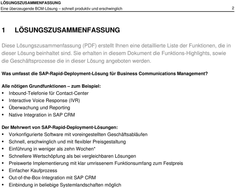 Was umfasst die SAP-Rapid-Deployment-Lösung für Business Communications Management?