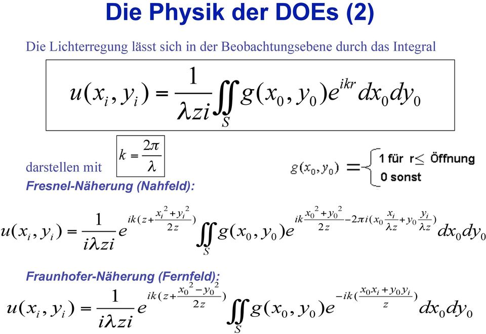Fresnel-Näherung (Nahfeld): 2 2 Fraunhofer-Näherung (Fernfeld): " S 0 0 0 0 2 2 0 + 0 1 u( xi, yi ) = e $$ g( x, y ) e