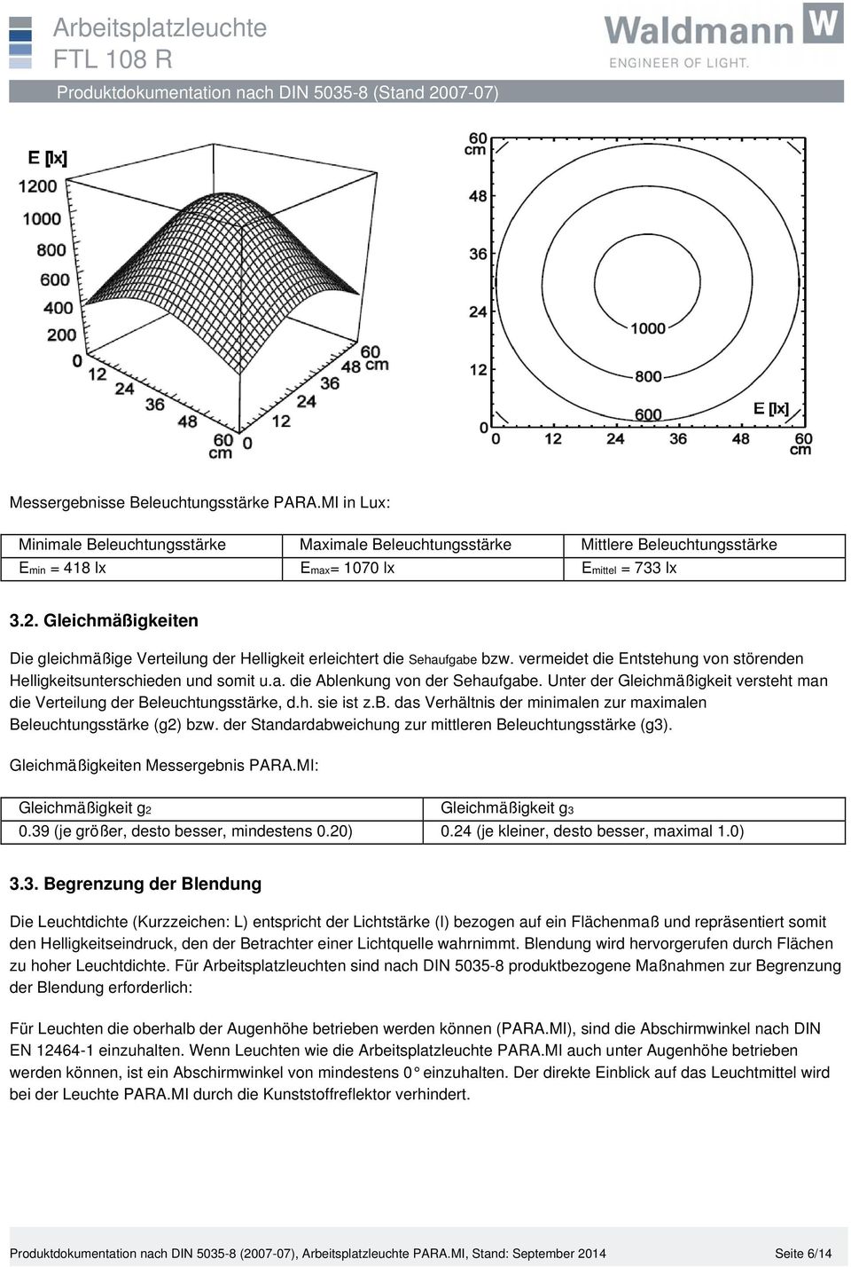 Unter der Gleichmäßigkeit versteht man die Verteilung der Beleuchtungsstärke, d.h. sie ist z.b. das Verhältnis der minimalen zur maximalen Beleuchtungsstärke (g2) bzw.