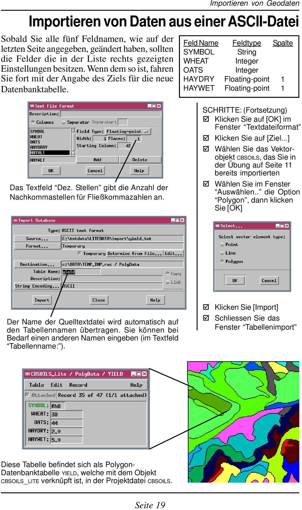 Importieren von Geodaten Importieren von Daten aus einer ASCII-Datei Feld Name Feldtype Spalte SYMBOL String WHEAT Integer OATS Integer HAYDRY Floating-point 1 HAYWET Floating-point 1 Das Textfeld