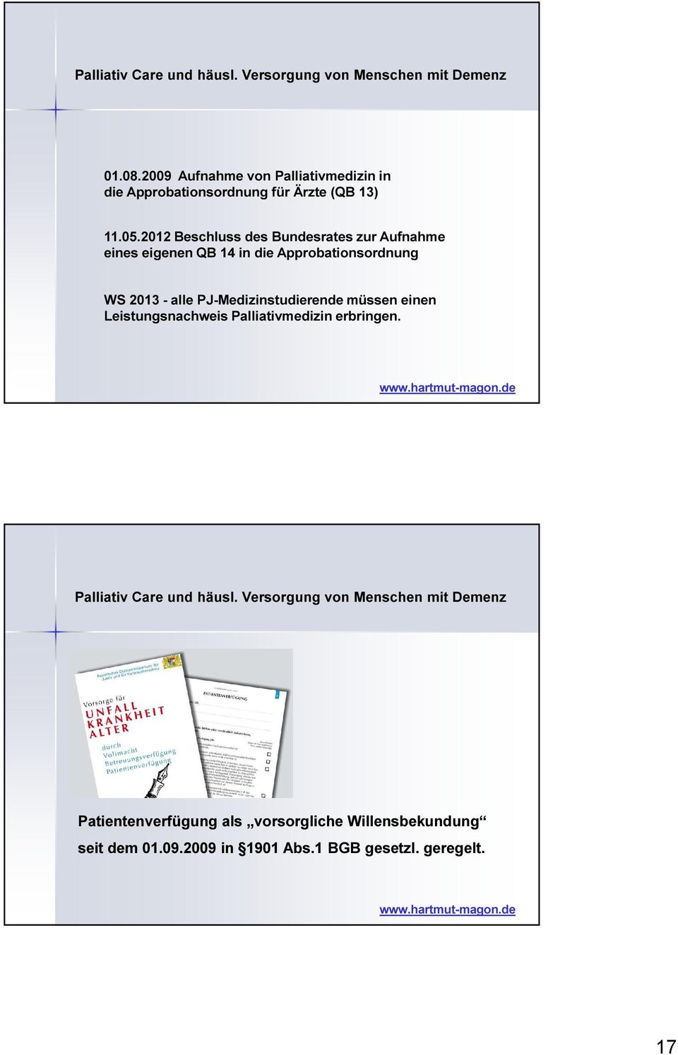 2013 - alle PJ-Medizinstudierende müssen einen Leistungsnachweis Palliativmedizin erbringen.