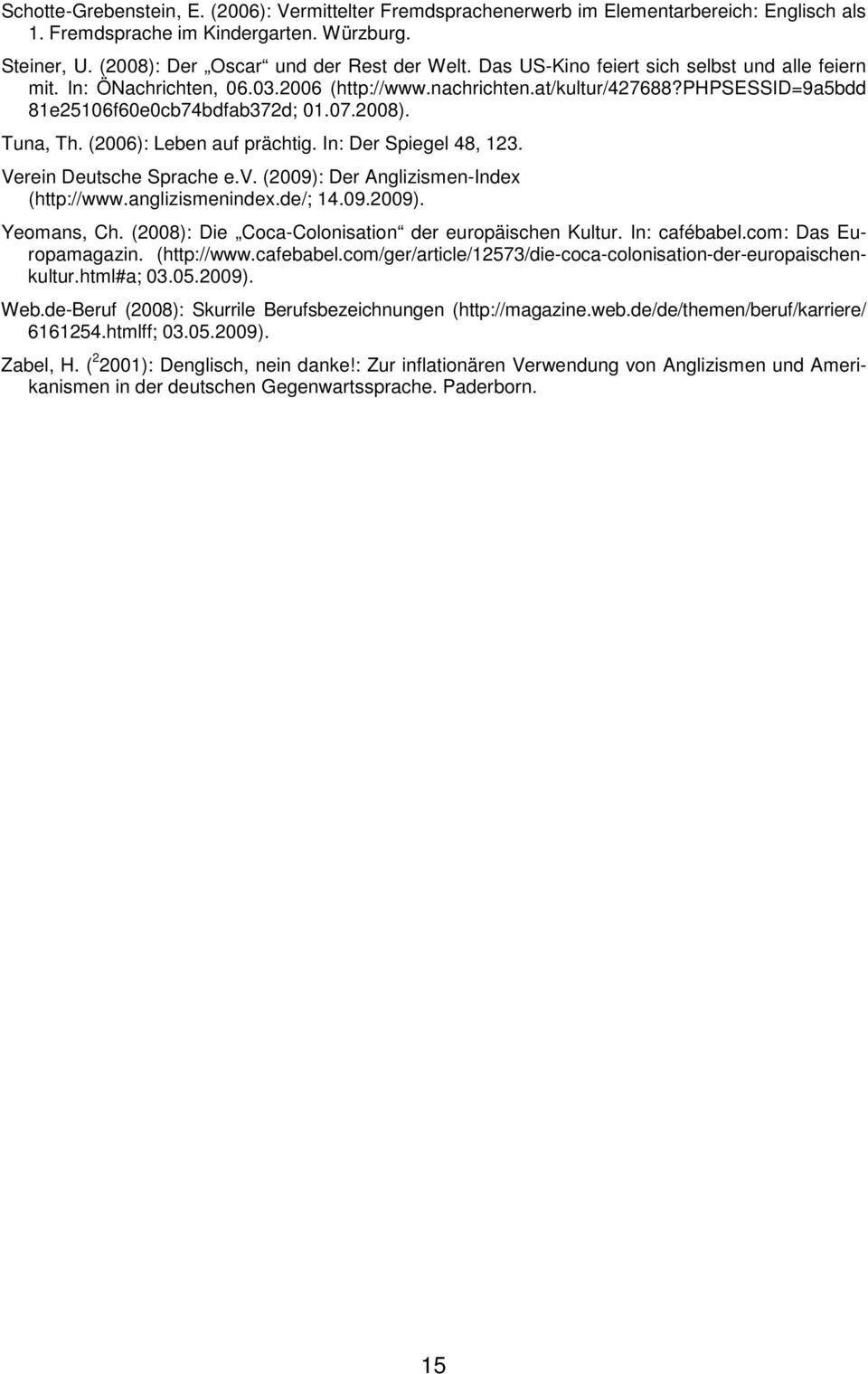 (2006): Leben auf prächtig. In: Der Spiegel 48, 123. Verein Deutsche Sprache e.v. (2009): Der Anglizismen-Index (http://www.anglizismenindex.de/; 14.09.2009). Yeomans, Ch.