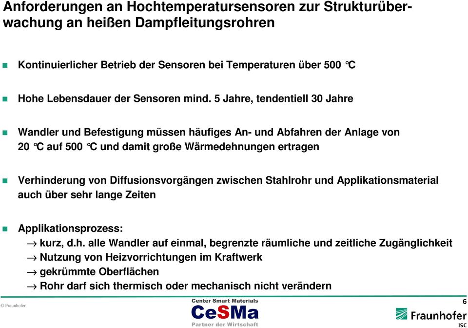 5 Jahre, tendentiell 30 Jahre Wandler und Befestigung müssen häufiges An- und Abfahren der Anlage von 20 C auf 500 C und damit große Wärmedehnungen ertragen Verhinderung