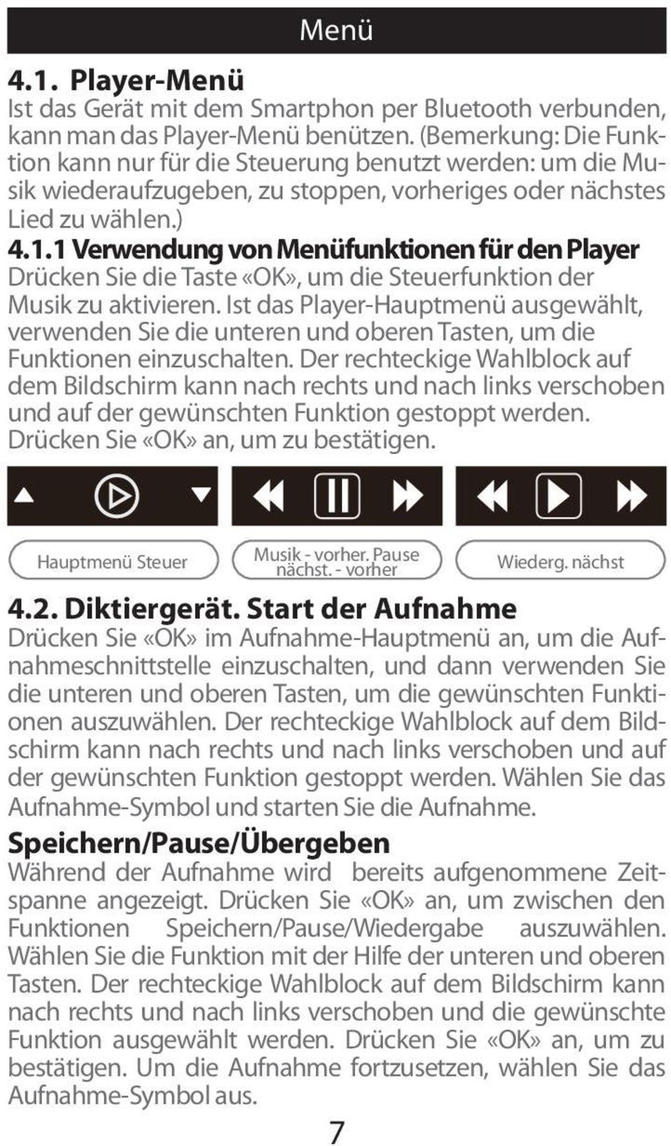 1 Verwendung von Menüfunktionen für den Player Drücken Sie die Taste «OK», um die Steuerfunktion der Musik zu aktivieren.