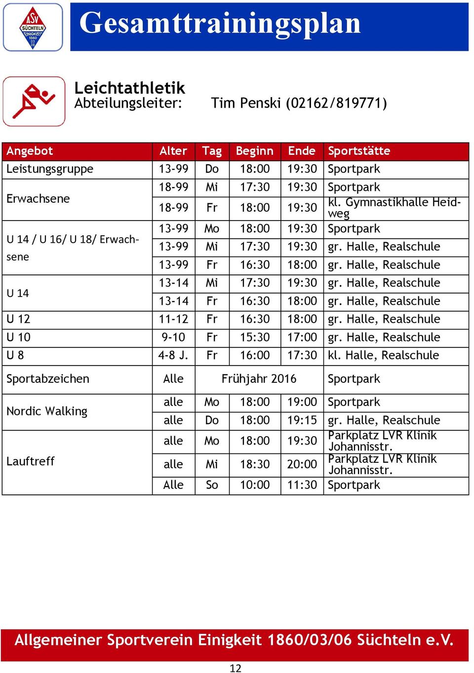 Halle, Realschule U 14 13-14 Mi 17:30 19:30 gr. Halle, Realschule 13-14 Fr 16:30 18:00 gr. Halle, Realschule U 12 11-12 Fr 16:30 18:00 gr. Halle, Realschule U 10 9-10 Fr 15:30 17:00 gr.