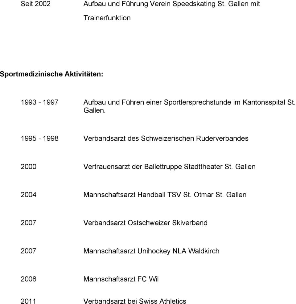 St. Gallen. 1995-1998 Verbandsarzt des Schweizerischen Ruderverbandes 2000 Vertrauensarzt der Ballettruppe Stadttheater St.
