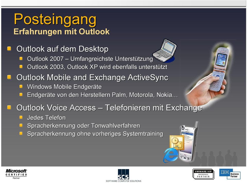 Endgeräte Endgeräte von den Herstellern Palm, Motorola, Nokia Outlook Voice Access Telefonieren mit Exchange