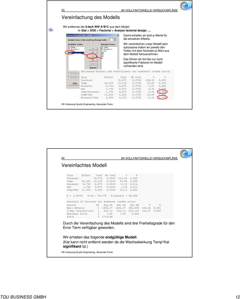 Das führen wir fort bis nur noch signifikante Faktoren im Modell vorhanden sind.