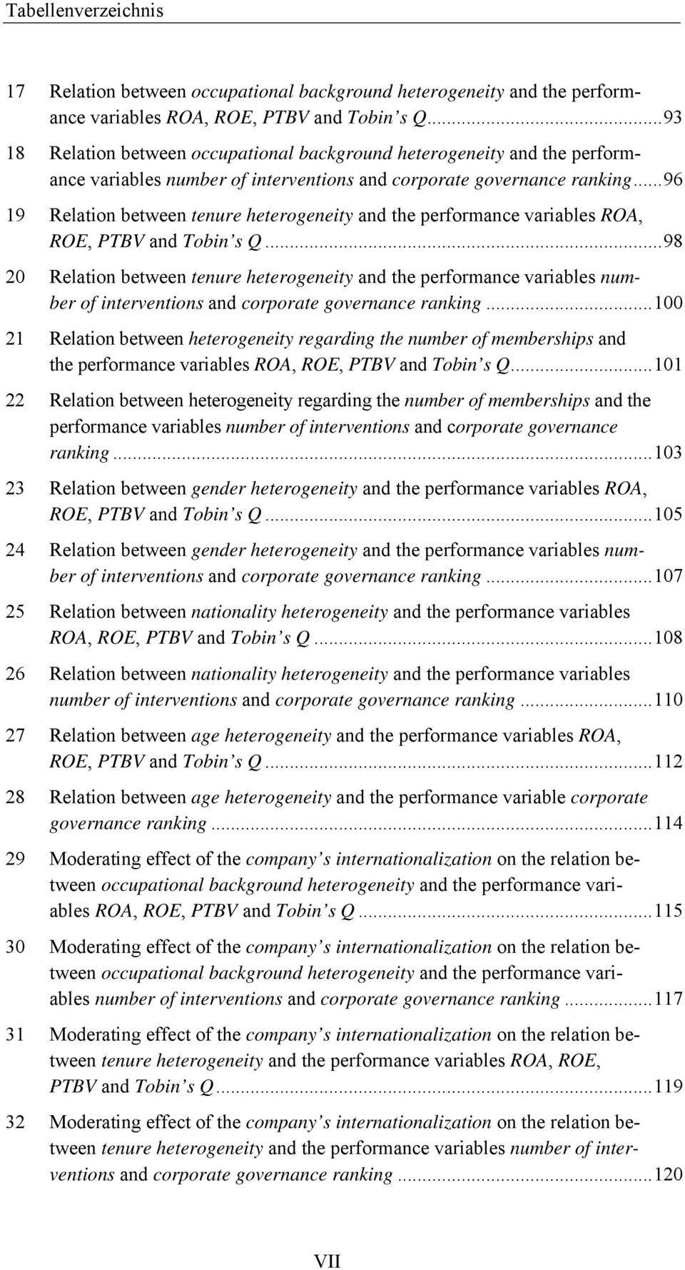 ..96 19 Relation between tenure heterogeneity and the performance variables ROA, ROE, PTBV and Tobin s Q.